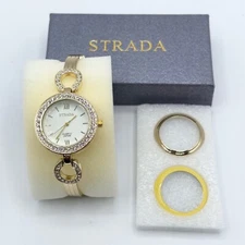 Strada Watch Womens Goldtone Round Rhinestone Bling Changeable Face New in Box