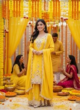 Latest New Yellow Chinon Top Palazzo With Dupatta For Women Function Wear