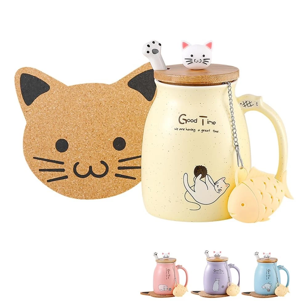 BigNoseDeer Tea Cup With Infuser and Lid Ceramic Coffee Mug 13 Ounces, Yellow