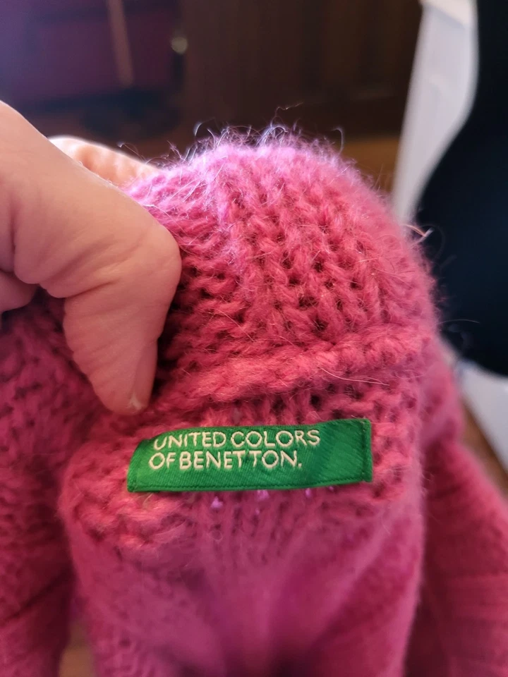 Bennetton Vintage y2k Rosa Acanalado Suéter Mini Vestido Peludo Volantes Cuello Enrollado S Foto 3 de 4