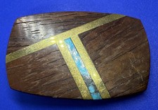 Exotic Mixed Wood Turquoise Inlaid to Brass Western Buckle To Fit Your 1" Belt