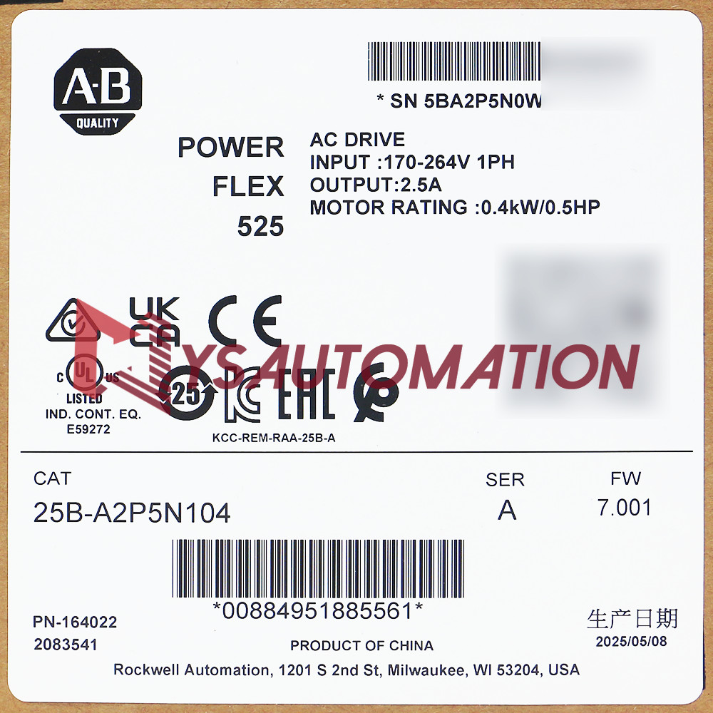 2026 New Allen Bradley 25B-A2P5N104 Ser A PowerFlex 525 AC Drive 0.4kW 0.5Hp