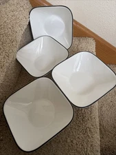 4 Corelle Timber Shadows Dinnerware Square White Soup/Cereal Bowls W/ Black Trim