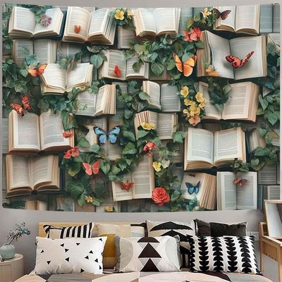80x60inches Book Flower Tapestry Study Room Tapestry Butterfly Tapestries Rea...