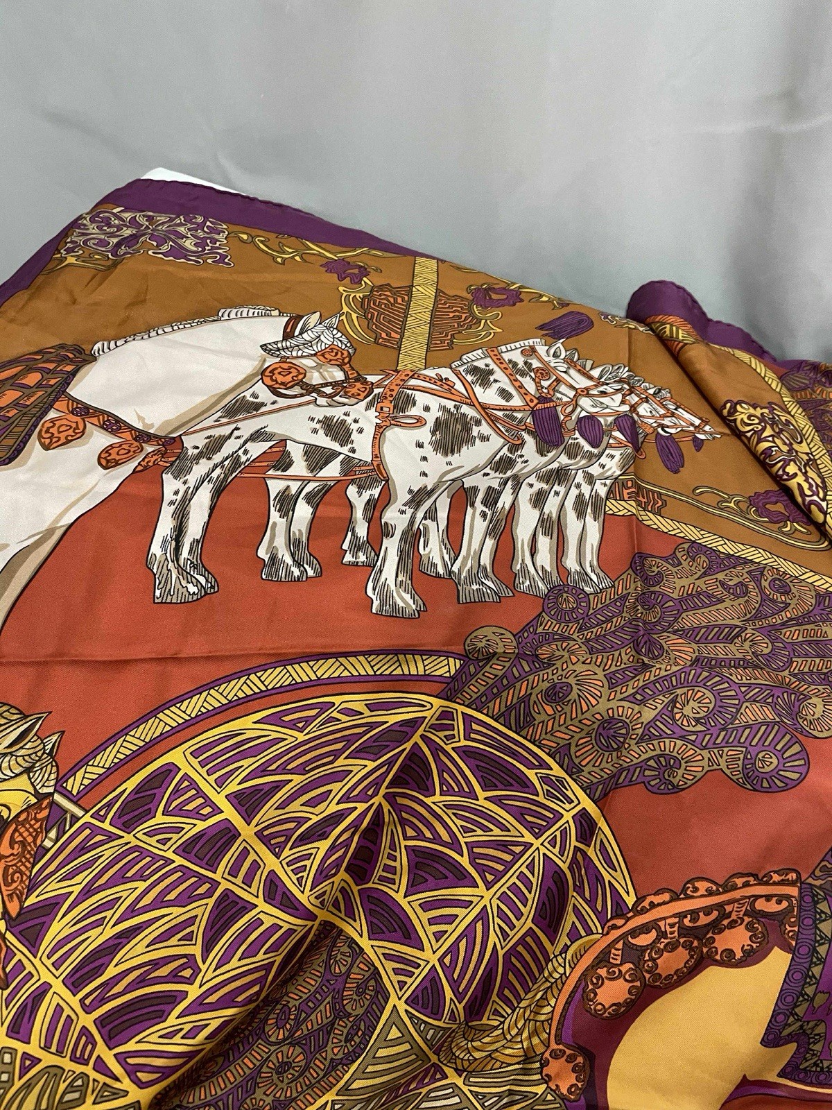 Hermes "ART DES STEPPES (detail)" 100% Silk Scarf 90cm Purple Multi-color