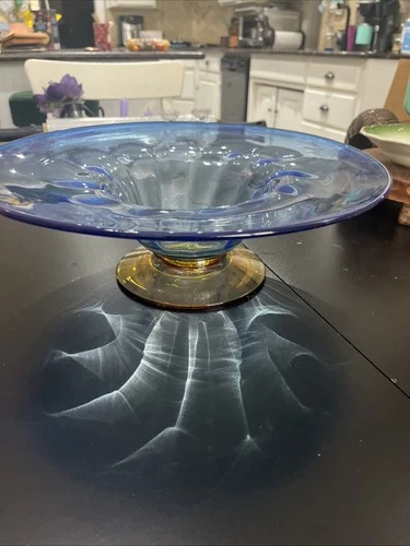Vintage Huge Richard Blenko Signed Blue Yellow Glass Centerpiece Bowl 2001 15"