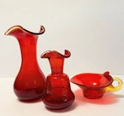 3 Vintage Blenko Amberina Red Tangerine Yellow  Glass Vases & Bon Bon Bowl
