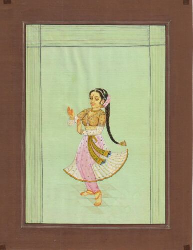 Carta Miniatura Indiana Acquerello Dipinta Ragazza Danzante Dipinto Arte Rajasthan  - Foto 1 di 2