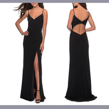 NEW 288 La Femme 8 Ruched Jersey Trumpet Gown in Black S397