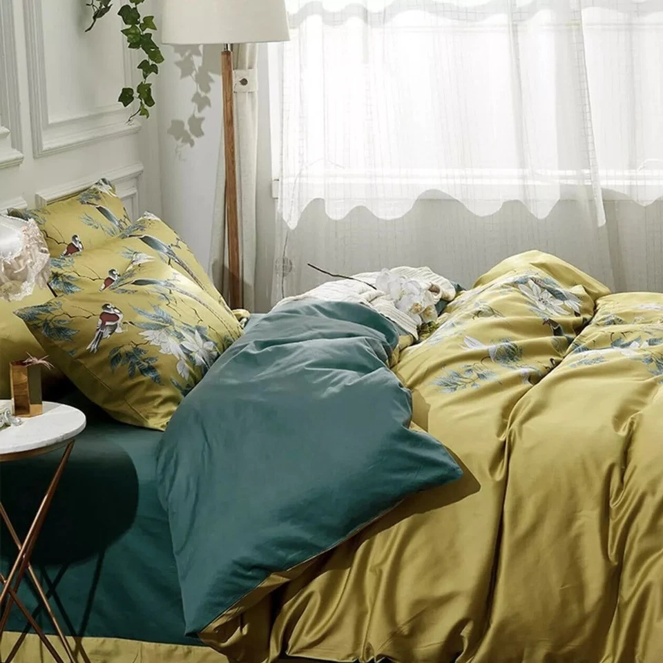 NUEVO Juego de Estuche Edredón Floral Falso Ropa de Cama Anthro Amarillo Boho Queen/King Pájaro Foto 3 de 4