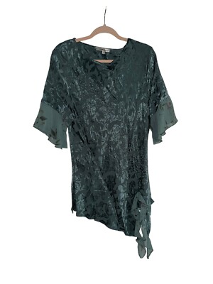 Spencer Alexis Tunic Top Size 12 Green Floral Asymmetrical Rhinestones Artsy