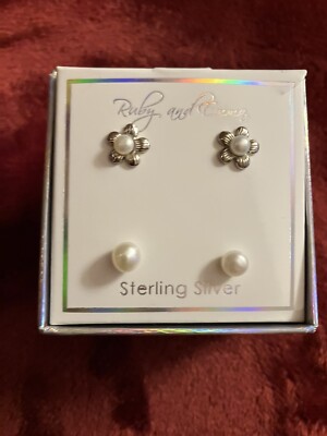 Ruby & Emma 2 Pair Set Of Sterling Silver & Pearl Stud Earrings New Easter gift