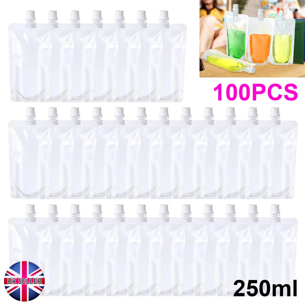100pcs 250ml Plastic Stand Up Bag Bottle Travel Festival Drink