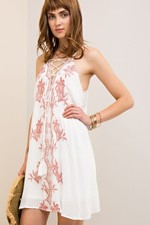 Entro Dress Womens Halter Boho Embroidered Summer Lace Up Lined Off White M