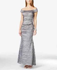 ALEX EVENINGS Silver Metallic Crinkle Taffeta Off Shoulder Mermaid Dress Gown 12