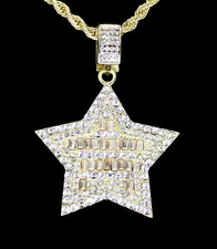Iced CZ 5 Star Baguette Pendant 14k Gold Plated 24" Rope Necklace Hip Hop 