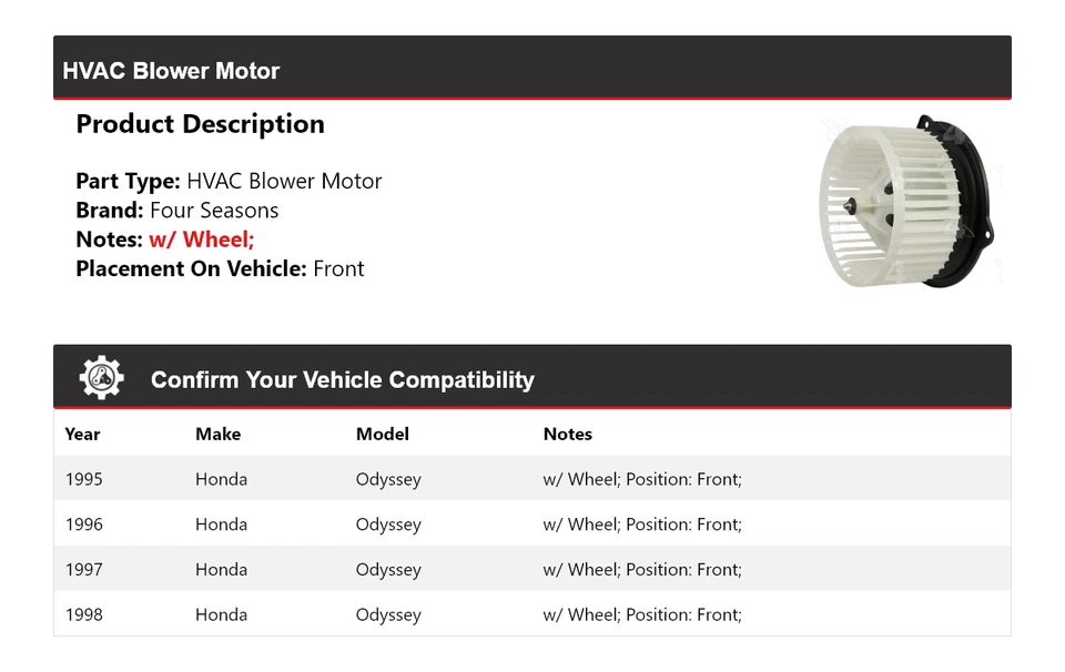 For 1995-1998 Honda Odyssey HVAC Blower Motor Front 4 Seasons 1996 1997 - Image 2 of 4