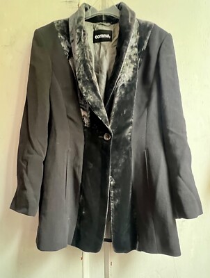  Fab Vintage *COMMA,* Black 100% Wool Silk Velvet Collar Kimono Jacket 38 