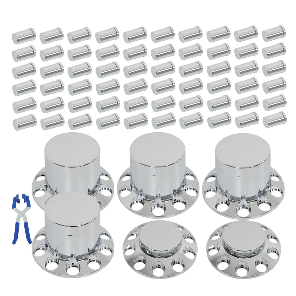 Chrome Flat Top Complete Hub Cover Kit 33mm Lug Nut Wheel Axle Covers Semi Truck - Image 2 of 4