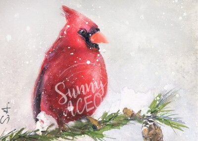 ACEO art print Cardinal in Snow watercolor winter Gift for bird lovers 