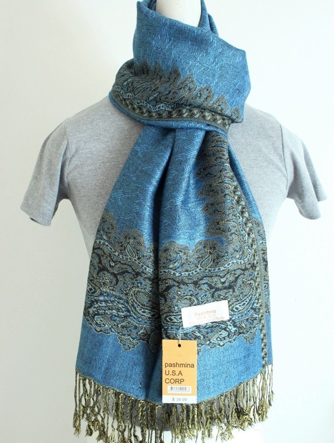 DG Women's Pashmina Scarf Shawl Paisley,Black Blue Silk.Cashmere.Soft #16