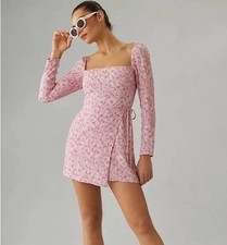 Reformation Rosalie Mini Dress Pink Floral Long Sleeve Square Neck Wrap Sz 4 GUC