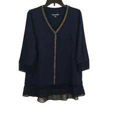 Soft Surroundings Beaded Tunic Top Size Medium Navy Blue Stretch Layered Chiffon
