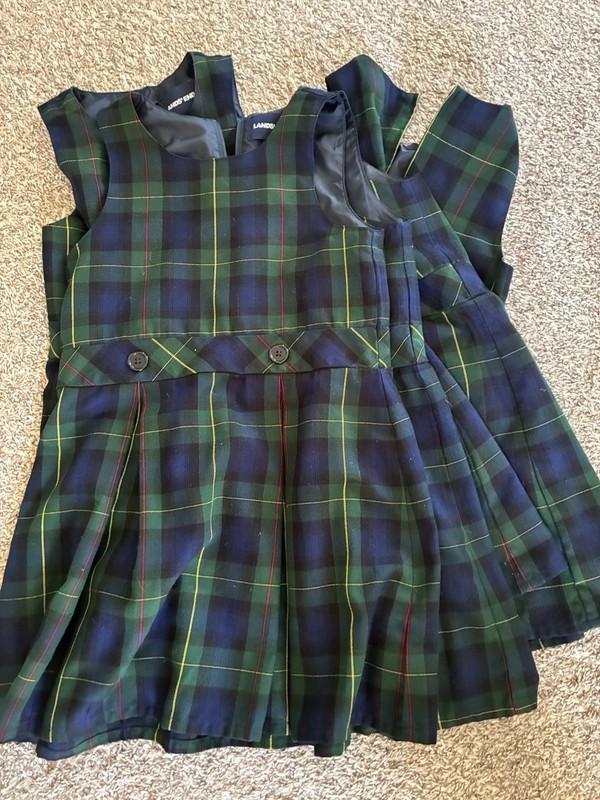 4 LAND’S END Plaid School Jumpers. Girl’s Size 8. Very Good Used Condition.