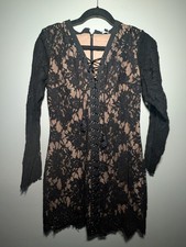 Guess Women’s Black Lace Dress Nude Lining Formal Party size 4 long sleeve