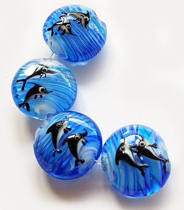 Handmade Lampwork Glass Lentil Beads Blue Dolphin 19 mm 4 Beads (#b61)