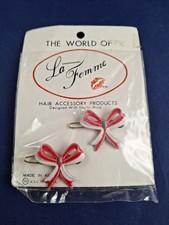 New Vtg 1960's La Femme Red White Hair Barrettes Pair Holiday 11-C