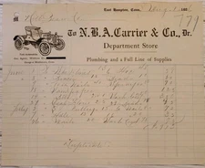 1906 N B A Carrier & Co Department Store Ford Agents Receipt East Hampton Conn