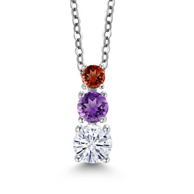 Rhodium Plated Amethyst 3 Stone Pendant for Women & Chain  Moissanite 0.90ct