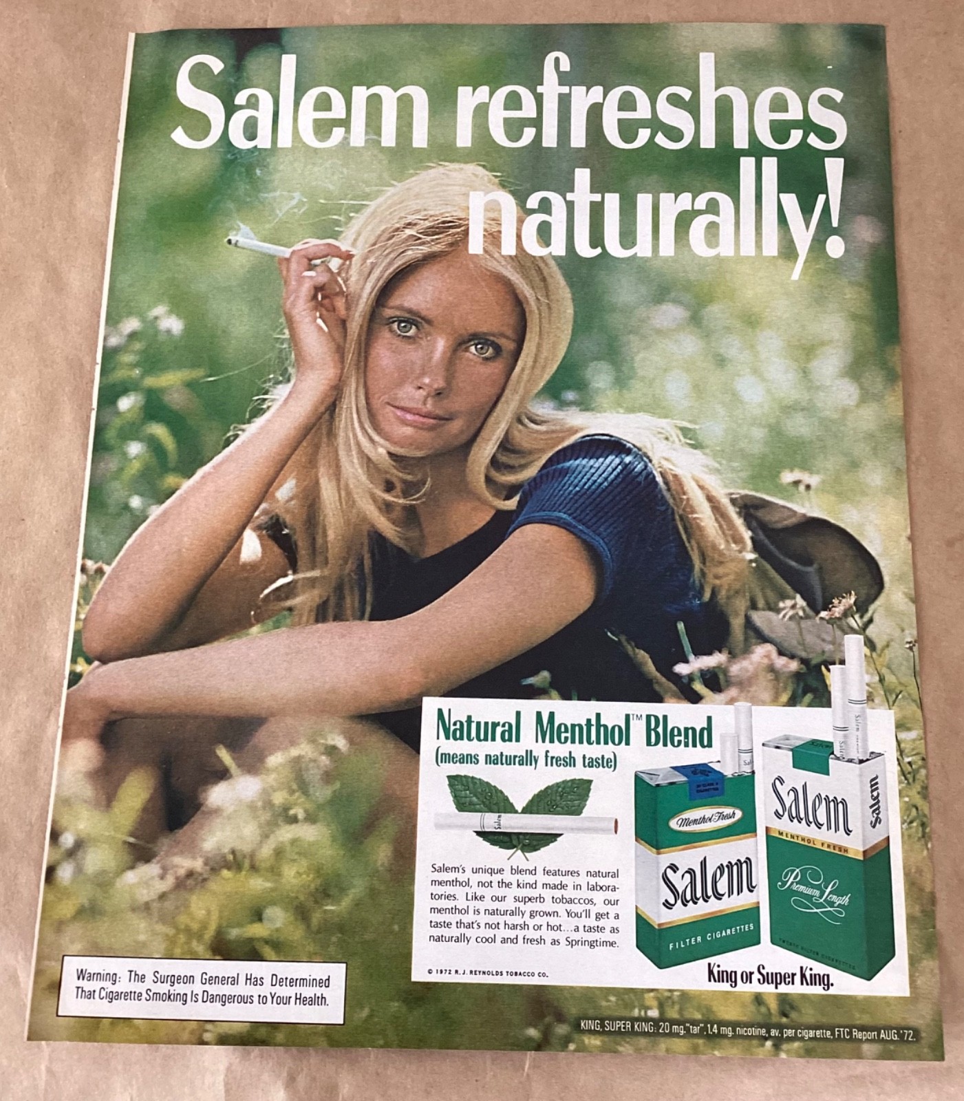 Salem cigarettes ad 1972 vintage original print 1970s retro model art smoking