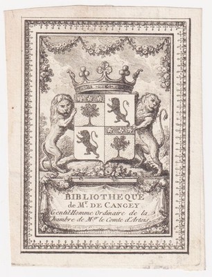 Exlibris Trezin De Cangey / Amboise Artois Coat Of Arms Ex-Libris Bookplate 18E