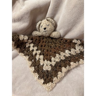 Crochet Bear Lovey Security Blanket Brown Beige Baby Snuggler Toy Soft
