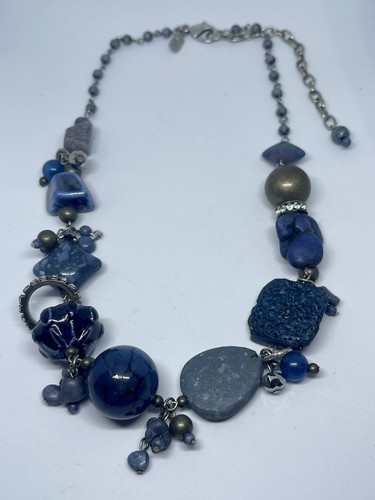 Vintage Treska Chunky Blues Halskette Unikat Handarbeit Bohemian Mixed Materials - Bild 8 von 10