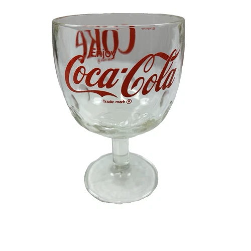 Vintage Coca Cola Goblet Thumbprint Glass Coke Red Letters Clear Stemmed Drink
