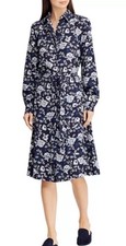 NWT $155 Ralph Lauren Navy White Floral Waist Tie Belt Midi Shirts Dress Size 2