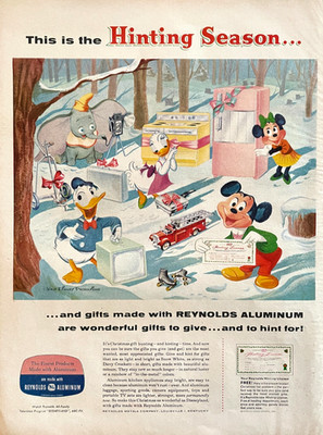 1957 Reynolds Aluminum Christmas Disney Vintage Print Ad Mickey Minnie Dumbo
