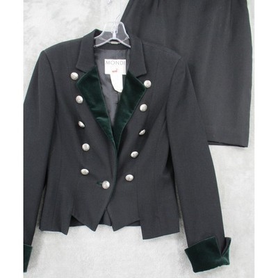 Vintage Mondi Skirt Suit Womens 36 US XS Steampunk Velvet Trim Wool Blend Career