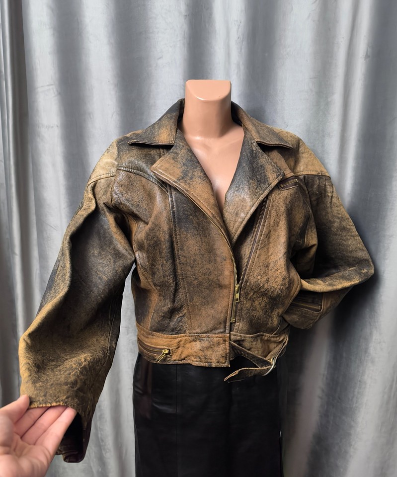 Vintage Women's Genuine Leather Biker Jacket Brown Moto Cropped Jacket Size M