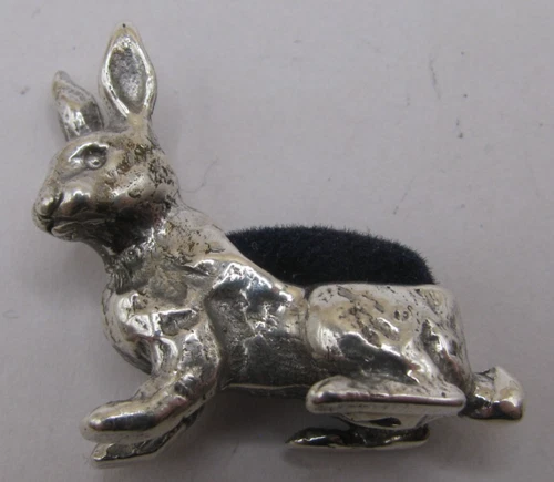 Edwardian Style English Hallmarked Sterling Silver Hare Rabbit Pin Cushion Blue