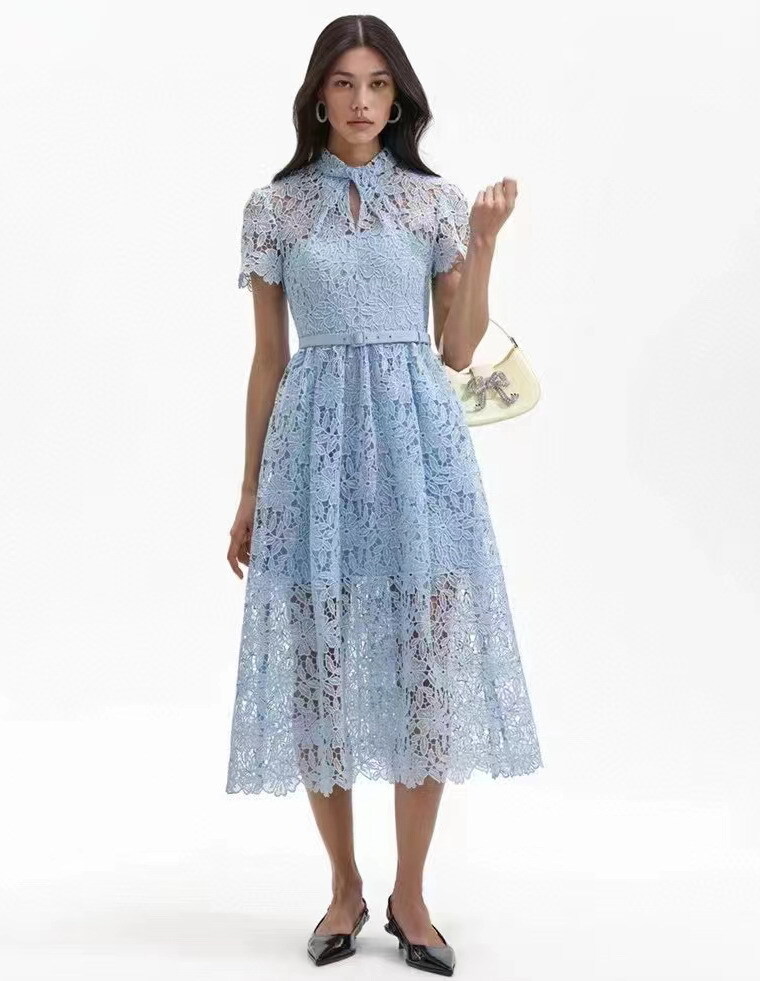 Self-Portrait Women's Blue Lace Midi Dress Short Sleeve A-line Dress for  Ladies