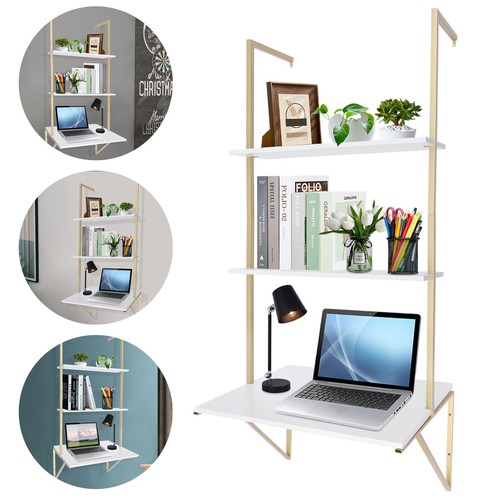 Desk Wall Mount Ladder Desk 3 Tier Floating Shelves White And Gold Desk Desk NEW - Picture 9 of 14
