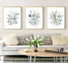 Blue Watercolor Floral Posters Set of 3 Botanical Bouquet Wall Art Decor Poster