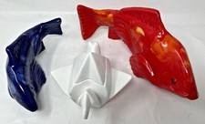 Red Fish Blue Fish Ceramic Koi & White Porcelain Origami Crane Container