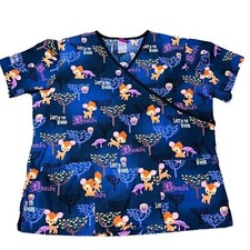 Disney Bambi Lost in the Woods Scrub Top Medium Tie Back Pockets Blue Nurse