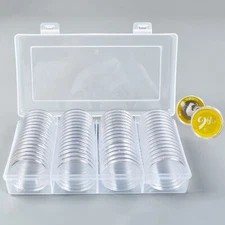60Pcs 40mm Clear Round Plastic Coin Capsules with Plastic Storage Box Case