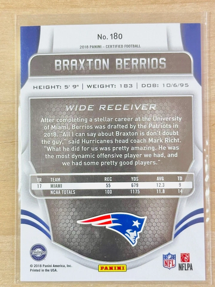 2018 Certified Rookies Mirror #180 Braxton Berrios /499 RC Patriots Dolphins - Image 2 of 2